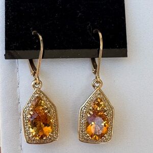 925 Gold Vermeil Diamond Citrine Drop Lever Back Earrings